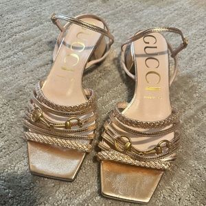 New Gucci women's Horsebit Metallic Leather Strap Logo Sandals